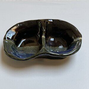 Handmade Studio Art Pottery Blue Trinket Dish Decor Double Sauce Dish Decor